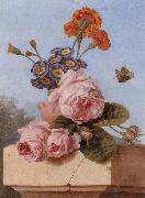 unknow artist Still life of roses,carnations and polyanthers in a terracotta urn,upon a stone ledge,together with a tortoiseshell butterfly china oil painting artist